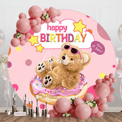 Aperturee - Aperturee Pink Donut Teddy Bear Round Happy Birthday Backdrop