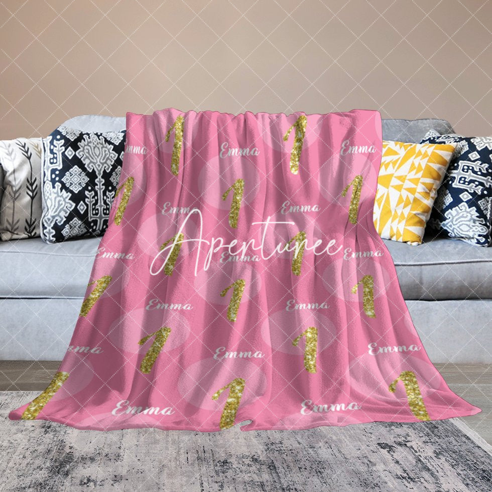 Aperturee - Aperturee Pink Dot Repeated Gold Glitter 1 Custom Name Blanket