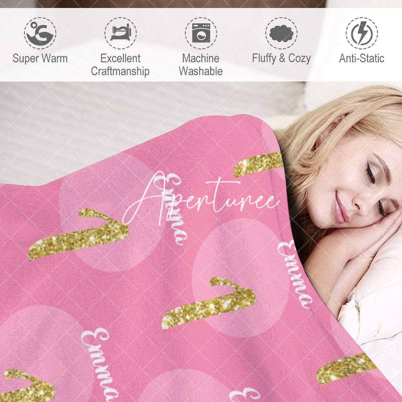 Aperturee - Aperturee Pink Dot Repeated Gold Glitter 1 Custom Name Blanket