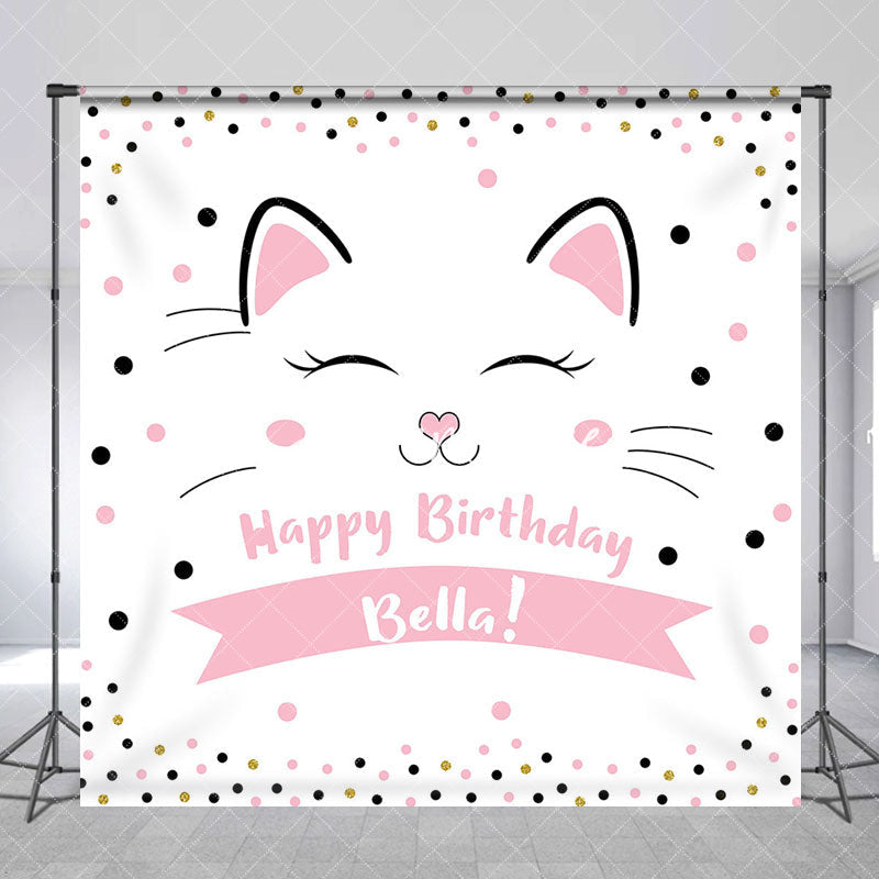 Aperturee - Aperturee Pink Dots Cute Cat Custom Name Birthday Backdrop