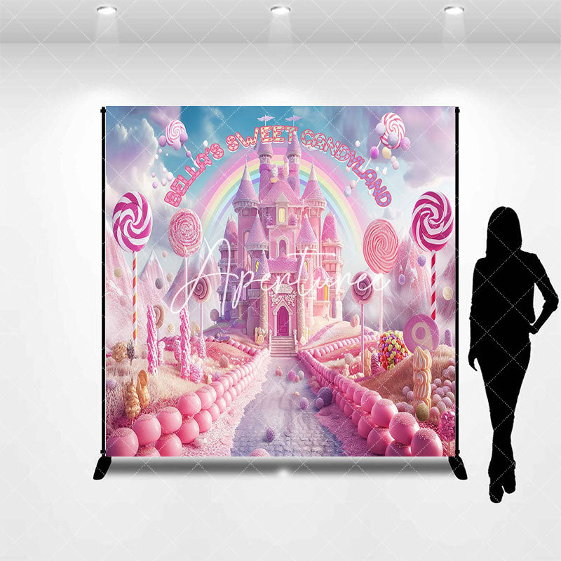 Aperturee - Aperturee Pink Fairy Candyland Custom Name Birthday Backdrop