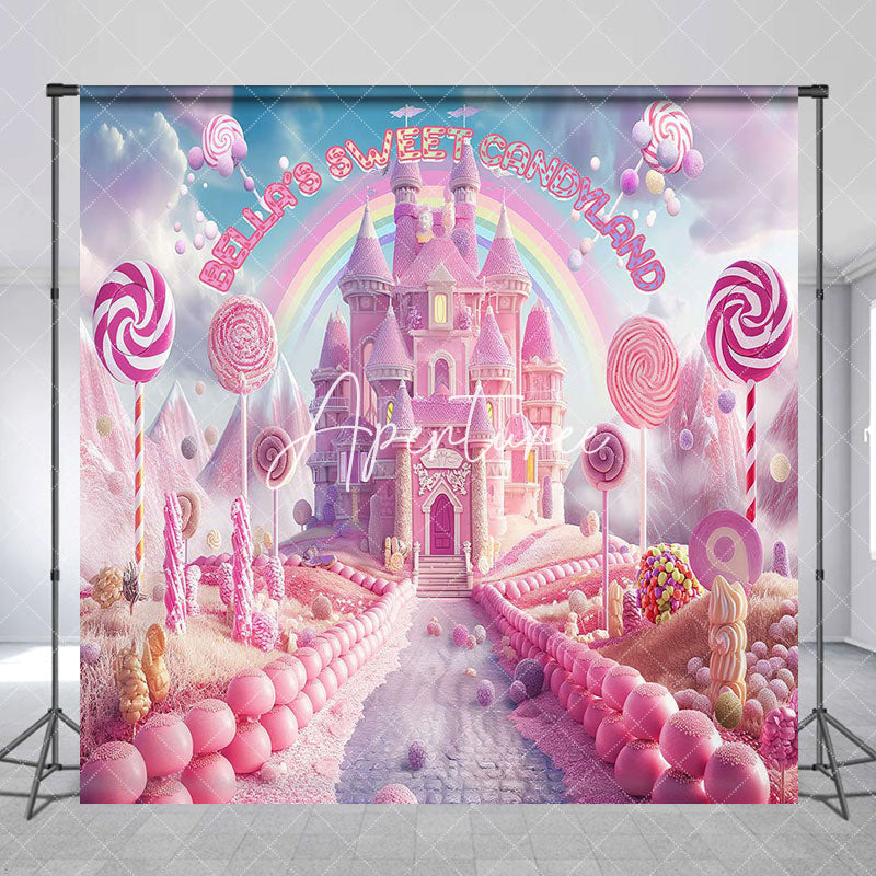 Aperturee - Aperturee Pink Fairy Candyland Custom Name Birthday Backdrop