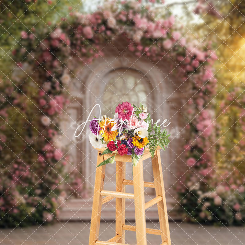 Aperturee - Aperturee Pink Fairy Door Floral Romantic Wedding Backdrop