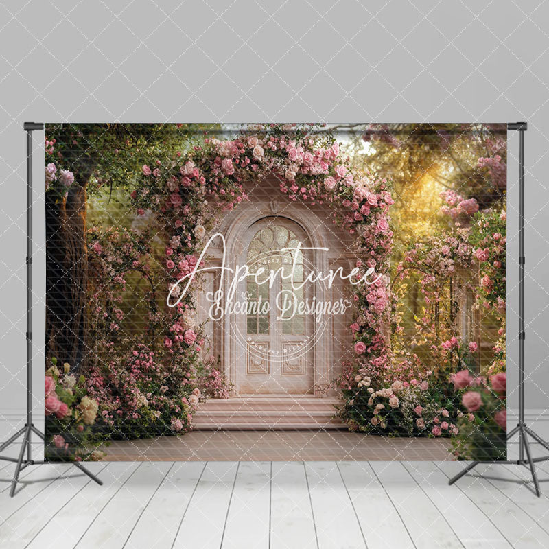 Aperturee - Aperturee Pink Fairy Door Floral Romantic Wedding Backdrop