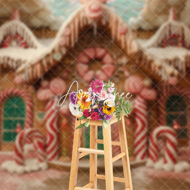 Aperturee - Aperturee Pink Fairy Tale Gingerbread House Christmas Backdrop