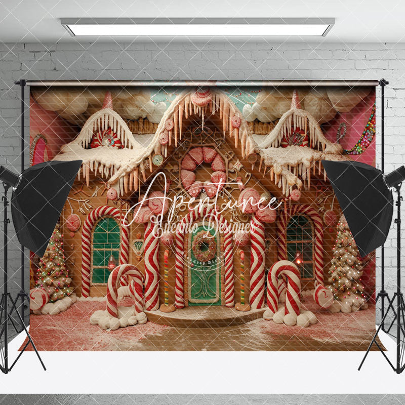 Aperturee - Aperturee Pink Fairy Tale Gingerbread House Christmas Backdrop