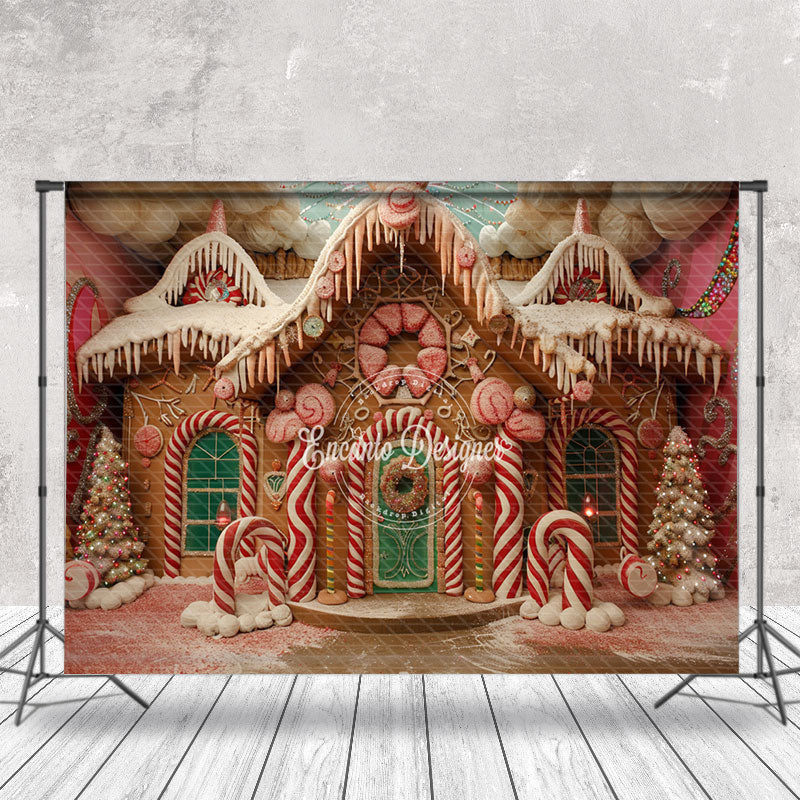 Aperturee - Aperturee Pink Fairy Tale Gingerbread House Christmas Backdrop