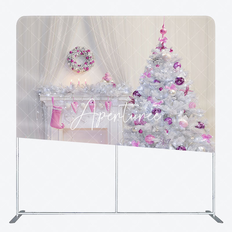 Aperturee - Aperturee Pink Fireplace Christmas Tension Fabric Backdrop