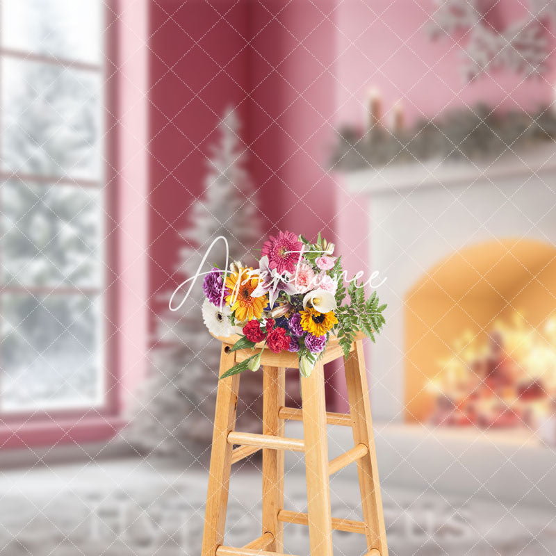 Aperturee - Aperturee Pink Fireplace Window Snow Forest Christmas Backdrop