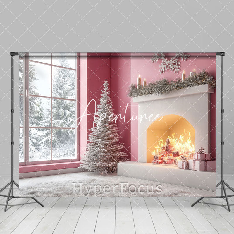 Aperturee - Aperturee Pink Fireplace Window Snow Forest Christmas Backdrop