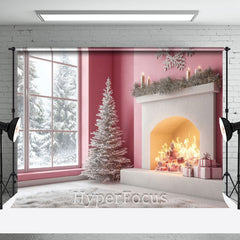 Aperturee - Aperturee Pink Fireplace Window Snow Forest Christmas Backdrop