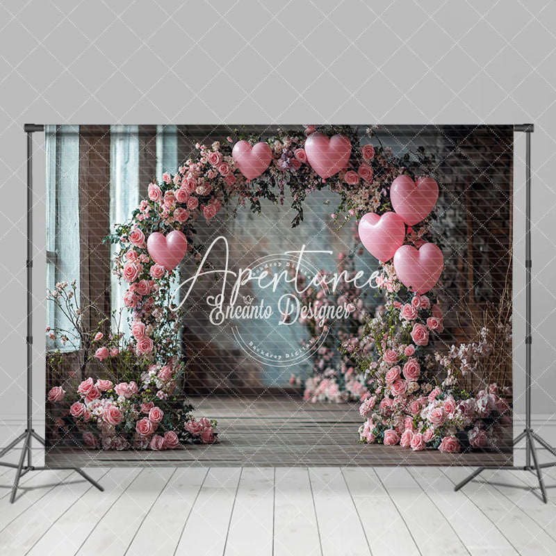 Aperturee - Aperturee Pink Floral Arch Balloons Valentines Day Backdrop