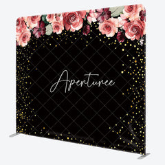 Aperturee - Aperturee Pink Floral Black Gold Glitter Pillow Case Backdrop