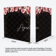 Aperturee - Aperturee Pink Floral Black Gold Glitter Pillow Case Backdrop