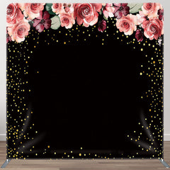 Aperturee - Aperturee Pink Floral Black Gold Glitter Pillow Case Backdrop