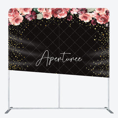 Aperturee - Aperturee Pink Floral Black Gold Glitter Pillow Case Backdrop