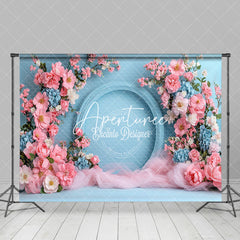 Aperturee - Aperturee Pink Floral Blue Fine Art Wall Wedding Photo Backdrop