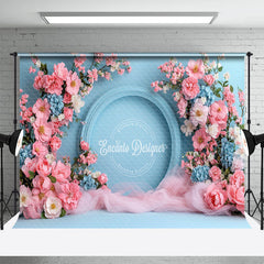 Aperturee - Aperturee Pink Floral Blue Fine Art Wall Wedding Photo Backdrop