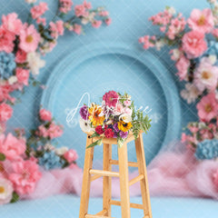 Aperturee - Aperturee Pink Floral Blue Fine Art Wall Wedding Photo Backdrop