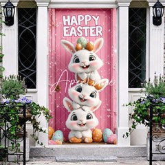 Aperturee - Aperturee Pink Floral Bunny Color Eggs Happy Easter Door Cover