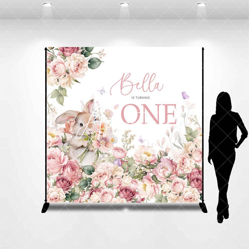 Aperturee - Aperturee Pink Floral Bunny Custom Name 1st Birthday Backdrop