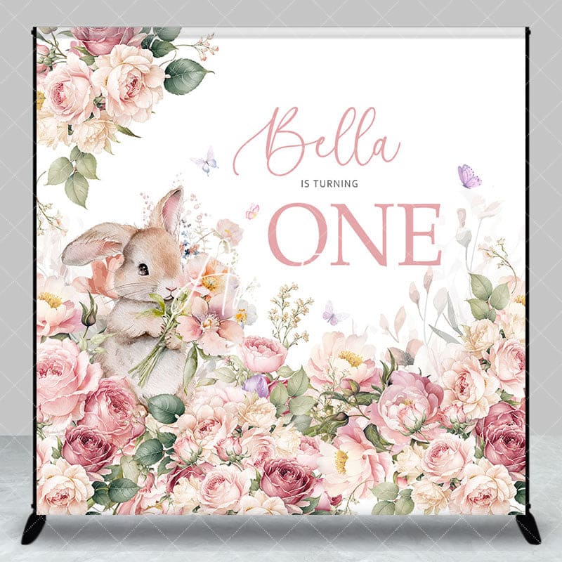 Aperturee - Aperturee Pink Floral Bunny Custom Name 1st Birthday Backdrop