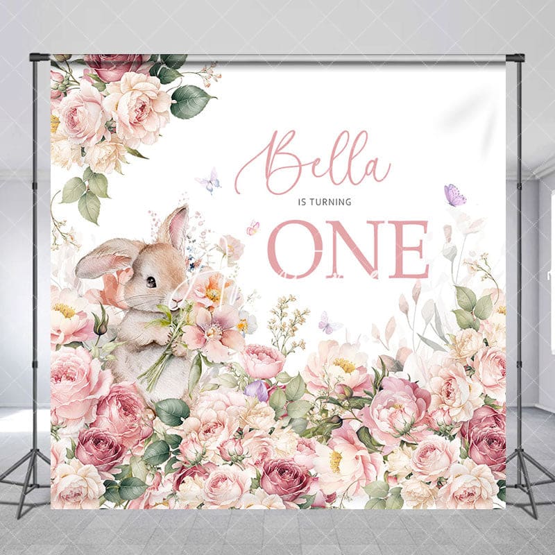 Aperturee - Aperturee Pink Floral Bunny Custom Name 1st Birthday Backdrop