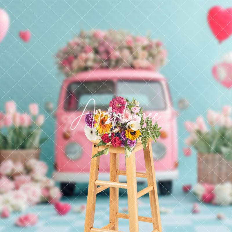 Aperturee - Aperturee Pink Floral Bus Romantic Valentines Day Backdrop