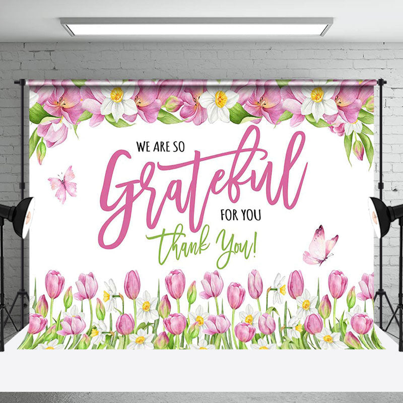 Aperturee - Aperturee Pink Floral Butterfly Grateful Thank You Backdrop