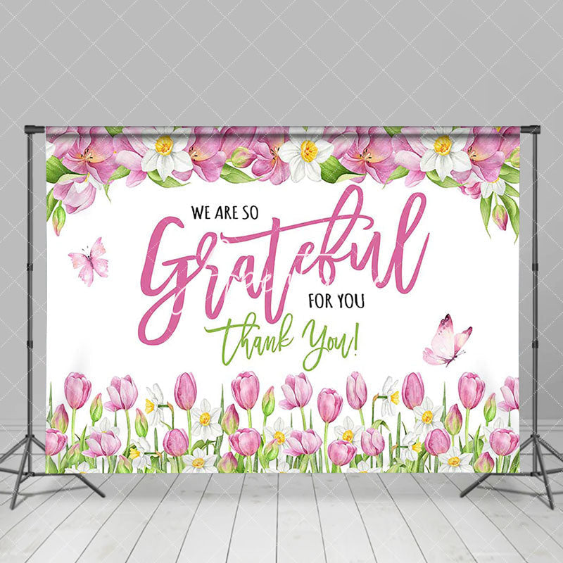 Aperturee - Aperturee Pink Floral Butterfly Grateful Thank You Backdrop