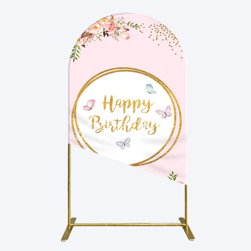 Aperturee - Aperturee Pink Floral Butterfly Happy Birthday Arch Backdrop