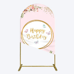 Aperturee - Aperturee Pink Floral Butterfly Happy Birthday Arch Backdrop