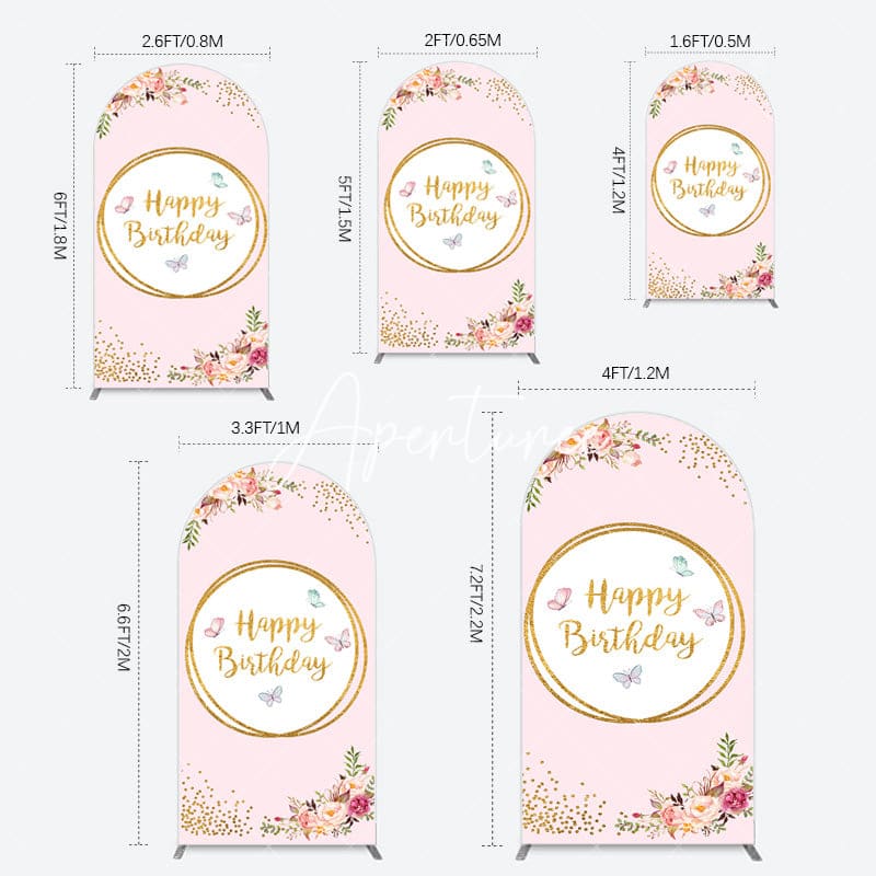 Aperturee - Aperturee Pink Floral Butterfly Happy Birthday Arch Backdrop