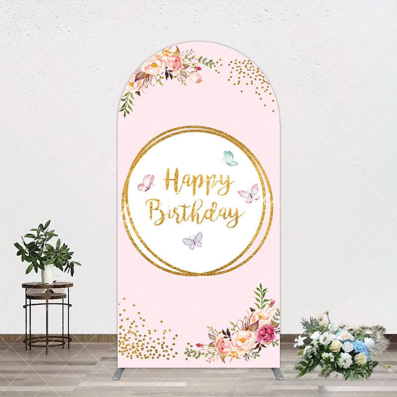 Aperturee - Aperturee Pink Floral Butterfly Happy Birthday Arch Backdrop