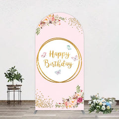 Aperturee - Aperturee Pink Floral Butterfly Happy Birthday Arch Backdrop