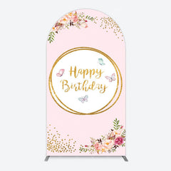 Aperturee - Aperturee Pink Floral Butterfly Happy Birthday Arch Backdrop