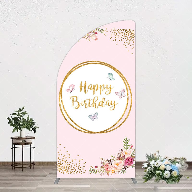 Aperturee - Aperturee Pink Floral Butterfly Happy Birthday Half Moon Arch Backdrop