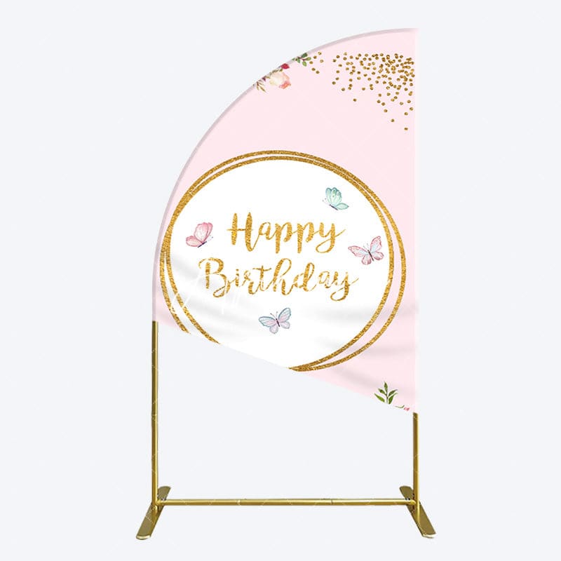 Aperturee - Aperturee Pink Floral Butterfly Happy Birthday Half Moon Arch Backdrop