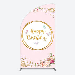 Aperturee - Aperturee Pink Floral Butterfly Happy Birthday Half Moon Arch Backdrop