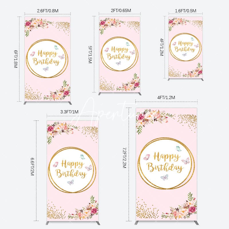 Aperturee - Aperturee Pink Floral Butterfly Happy Birthday Rectangle Backdrop