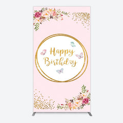 Aperturee - Aperturee Pink Floral Butterfly Happy Birthday Rectangle Backdrop