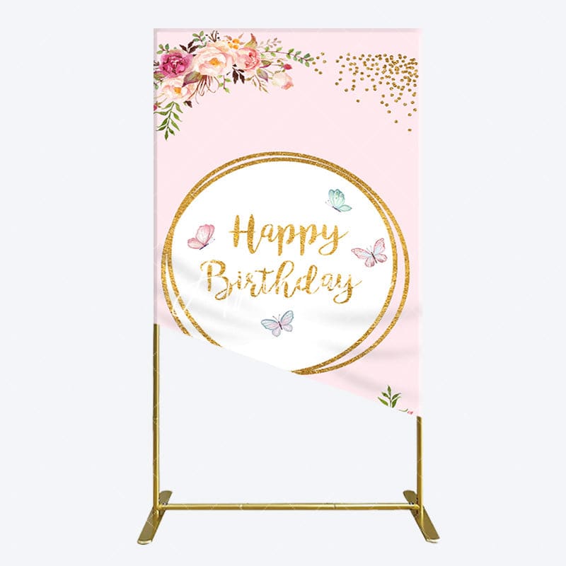 Aperturee - Aperturee Pink Floral Butterfly Happy Birthday Rectangle Backdrop