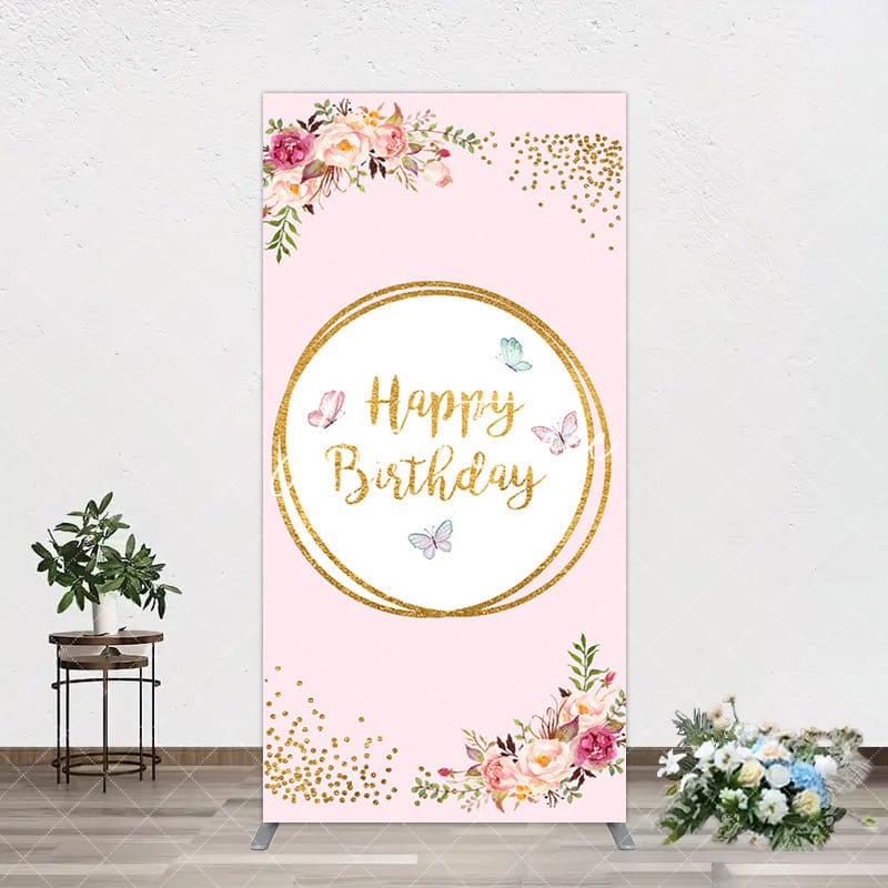 Aperturee - Aperturee Pink Floral Butterfly Happy Birthday Rectangle Backdrop