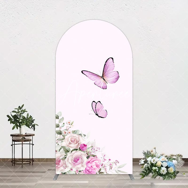 Aperturee - Aperturee Pink Floral Butterfly Marbled Birthday Arch Backdrop