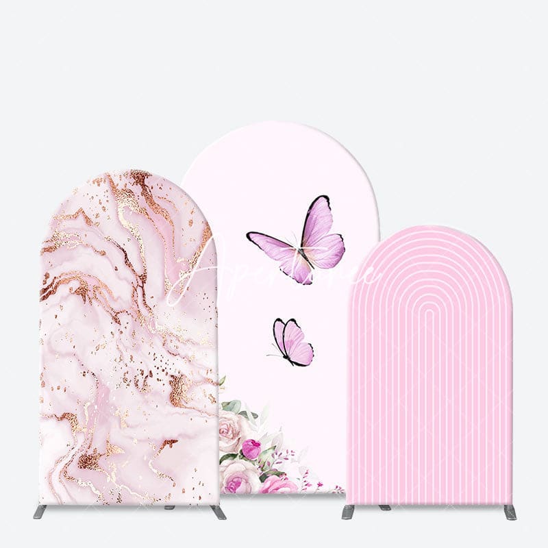 Aperturee - Aperturee Pink Floral Butterfly Marbled Birthday Arch Backdrop