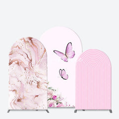 Aperturee - Aperturee Pink Floral Butterfly Marbled Birthday Arch Backdrop