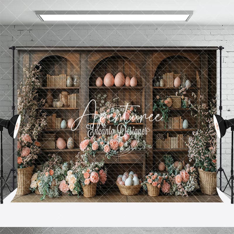 Aperturee - Aperturee Pink Floral Eggs Retro Bookshelf Easter Backdrop