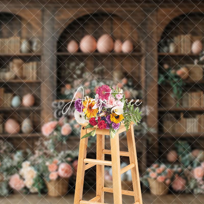 Aperturee - Aperturee Pink Floral Eggs Retro Bookshelf Easter Backdrop