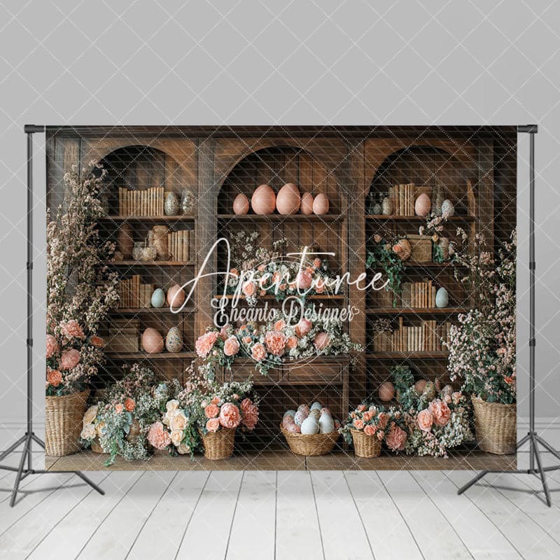 Aperturee - Aperturee Pink Floral Eggs Retro Bookshelf Easter Backdrop