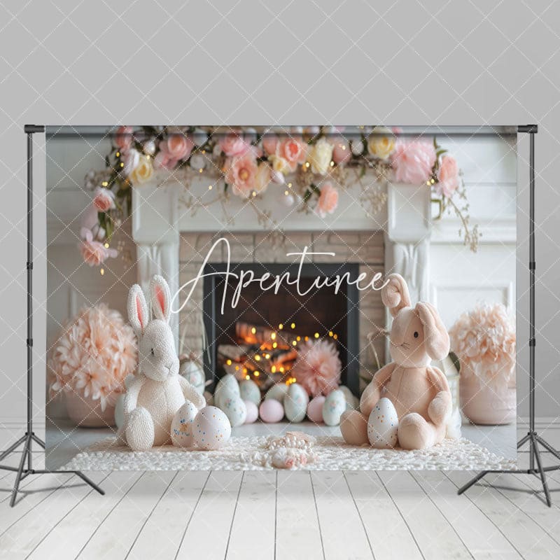 Aperturee - Aperturee Pink Floral Fireplace Bunny Doll Easter Backdrop